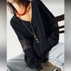 Crochet patchwork mineral wash sweatshirt boho Black Lace Sleeve Women's Top